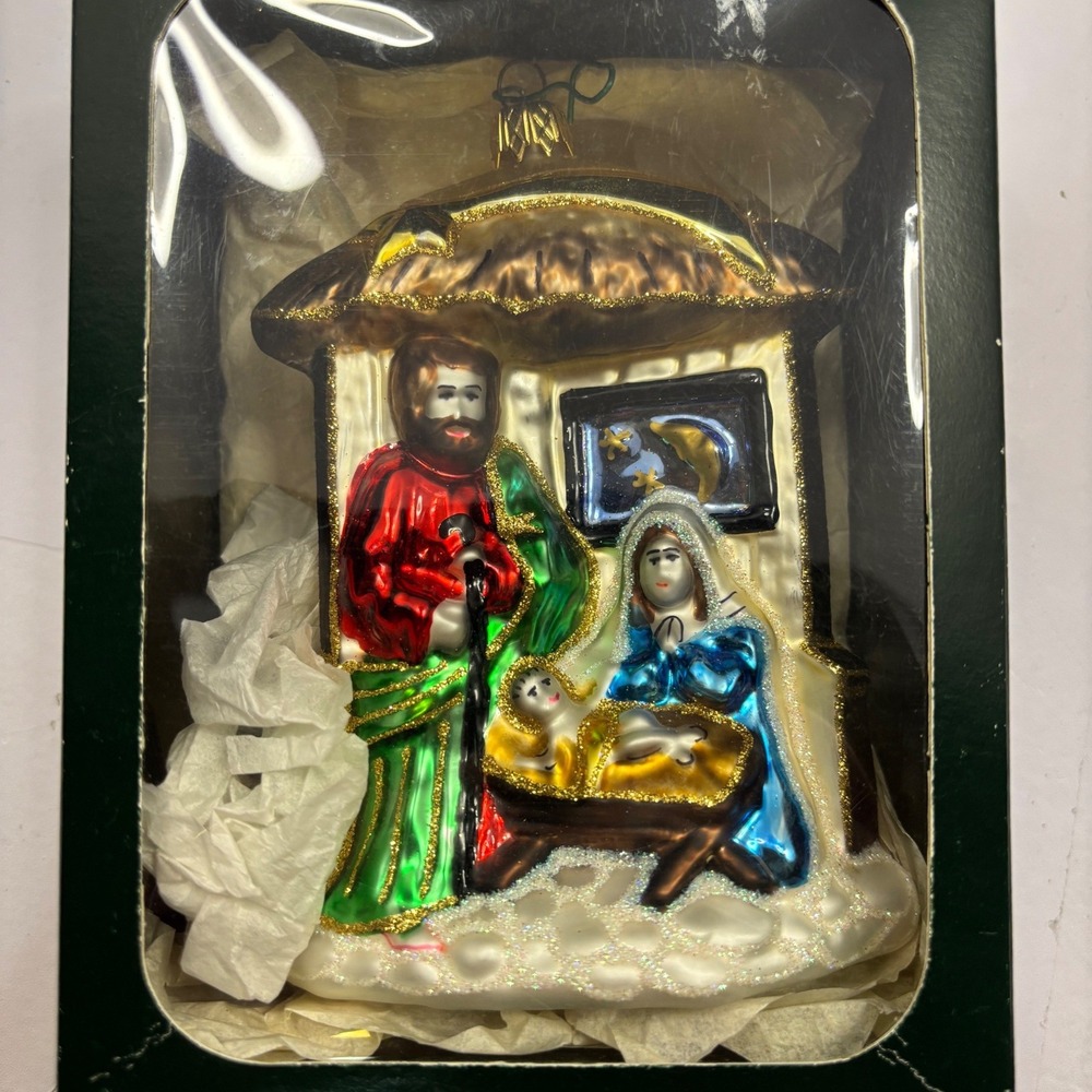 Hand Crafted Poland Glass Nativity Scene Christmas Ornament Holy Family Stable